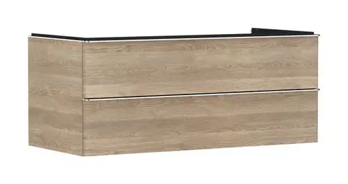 Waschtischunterschrank in Holzoptik mit zwei Schubkästen und schwarzem Oberteil. Geeignet für Konsolen und Aufsatzwaschtische. Von der Marke Hansgrohe.